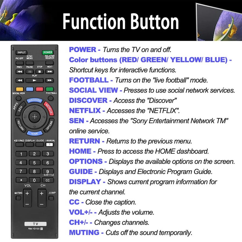 AZMKIMI Universal TV Remote Control Replacement for Sony RM-YD102 RM-YD103 Bravia HDTV LCD LED 3D Smart TV - Image 3